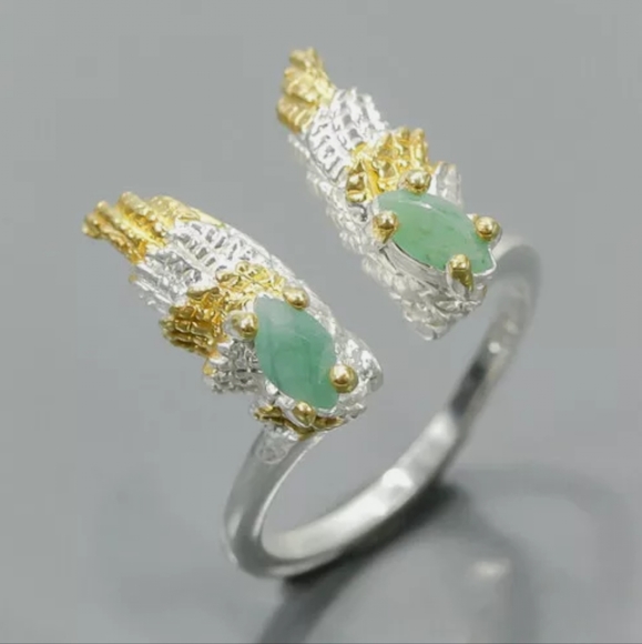 Emerald Sterling & gold Angel wings midi ring sz4 adjustable - Picture 3 of 12